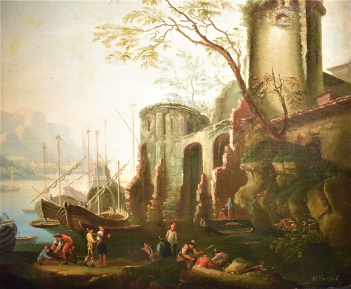 Abraham Teerlink (1776 -1857) - Paysage côtier avec scène portuaire et ruines - Tableaux et dessins Style Restauration - Charles X